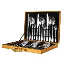 Cargar imagen en el visor de la galería, High-grade golden wooden box stainless steel knife, fork and spoon 24pc set