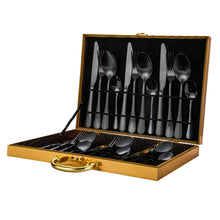 Cargar imagen en el visor de la galería, High-grade golden wooden box stainless steel knife, fork and spoon 24pc set