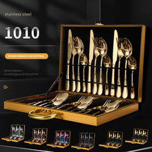 将图片加载到图库查看器，High-grade golden wooden box stainless steel knife, fork and spoon 24pc set
