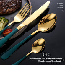 将图片加载到图库查看器，High-grade golden wooden box stainless steel knife, fork and spoon 24pc set
