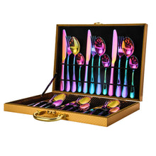 将图片加载到图库查看器，High-grade golden wooden box stainless steel knife, fork and spoon 24pc set
