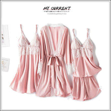 Charger l&#39;image dans la galerie, Silk suspender thin nightgown Four-piece set pajamas
