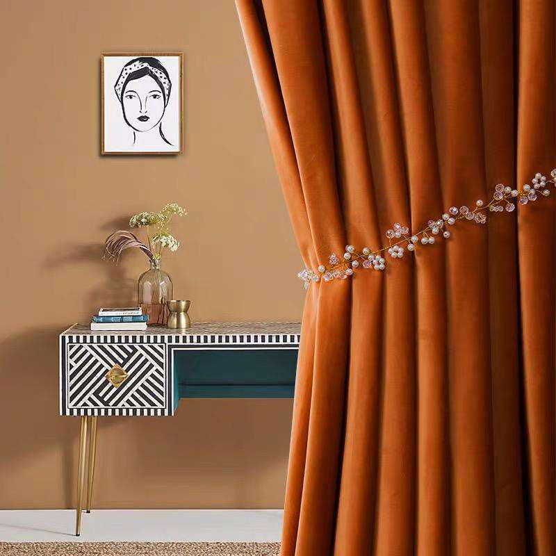 Light luxury velvet curtains Hermes orange velvet fabric