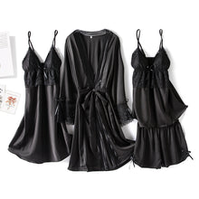 将图片加载到图库查看器，Silk suspender thin nightgown Four-piece set pajamas
