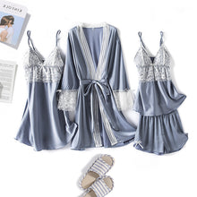 Charger l&#39;image dans la galerie, Silk suspender thin nightgown Four-piece set pajamas
