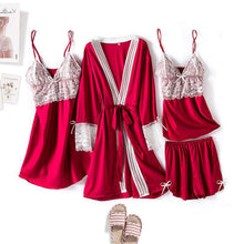 将图片加载到图库查看器，Silk suspender thin nightgown Four-piece set pajamas
