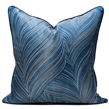 Cargar imagen en el visor de la galería, BLUE LINE FEATHER PATTERN OUTLINE IN GOLD PILLOW CUSHION CASE
