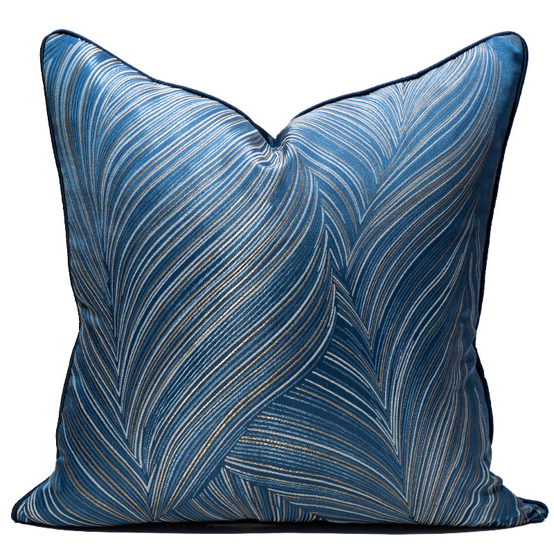 BLUE LINE FEATHER PATTERN OUTLINE IN GOLD PILLOW CUSHION CASE