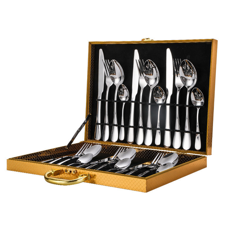 High-grade golden wooden box stainless steel knife, fork and spoon 24pc set