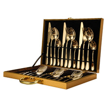 将图片加载到图库查看器，High-grade golden wooden box stainless steel knife, fork and spoon 24pc set
