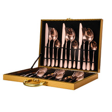 将图片加载到图库查看器，High-grade golden wooden box stainless steel knife, fork and spoon 24pc set
