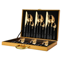 将图片加载到图库查看器，High-grade golden wooden box stainless steel knife, fork and spoon 24pc set
