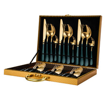 将图片加载到图库查看器，High-grade golden wooden box stainless steel knife, fork and spoon 24pc set
