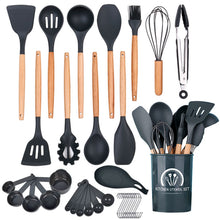 将图片加载到图库查看器，11-pieces/set &amp; 34-pieces/set of colored silicone kitchenware with wooden handle
