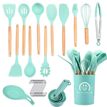 将图片加载到图库查看器，11-pieces/set &amp; 34-pieces/set of colored silicone kitchenware with wooden handle
