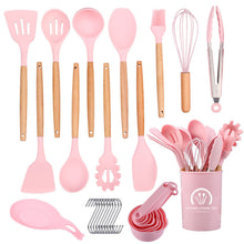 将图片加载到图库查看器，11-pieces/set &amp; 34-pieces/set of colored silicone kitchenware with wooden handle
