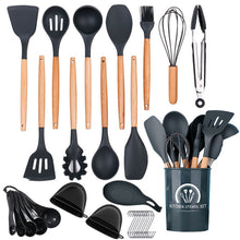 Cargar imagen en el visor de la galería, 11-pieces/set &amp; 34-pieces/set of colored silicone kitchenware with wooden handle
